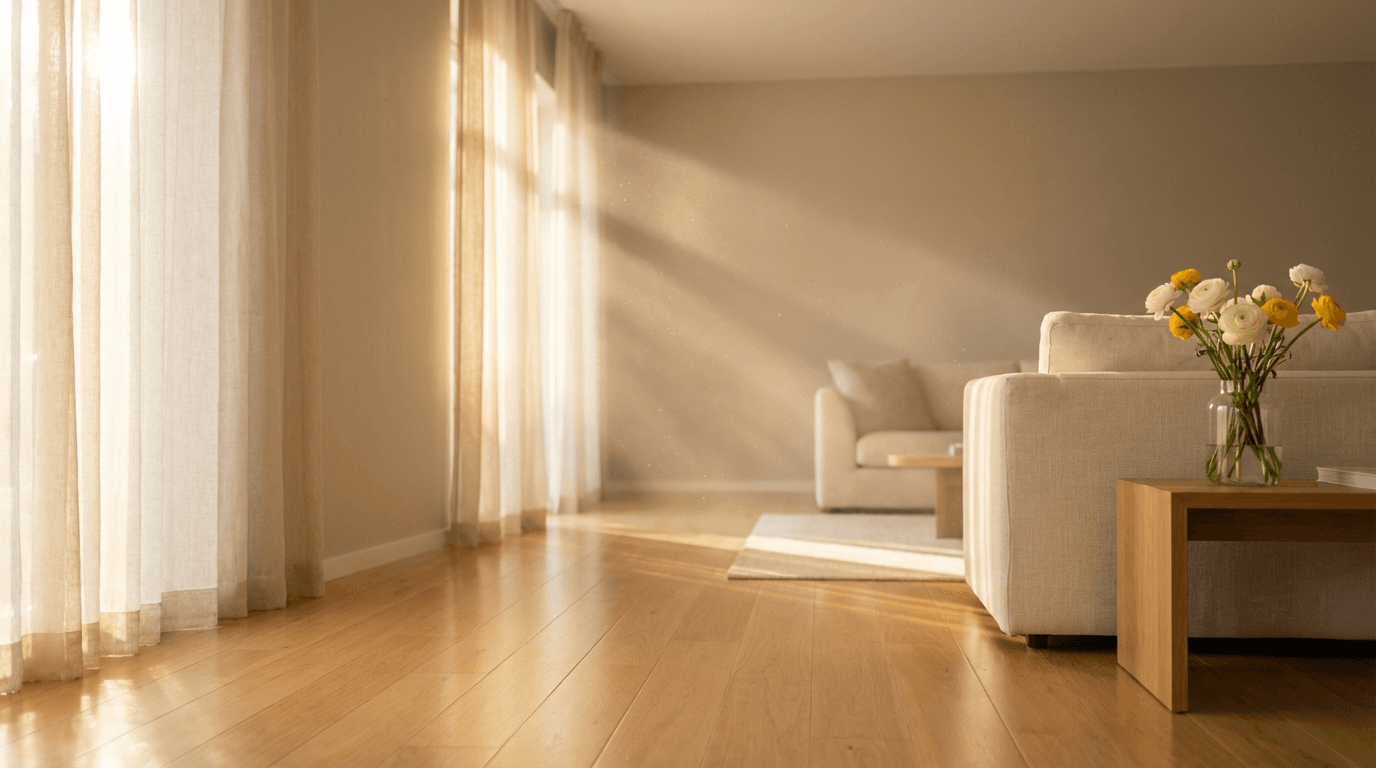Bright and airy living room with sunlight streaming through windows, clean surfaces, and a fresh floral arrangement on the coffee table
