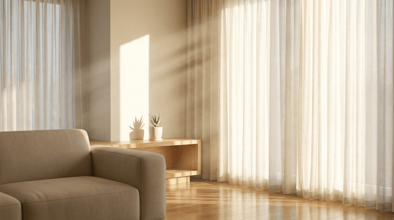 Bright sunlit living room freshly cleaned with cleaning supplies on table