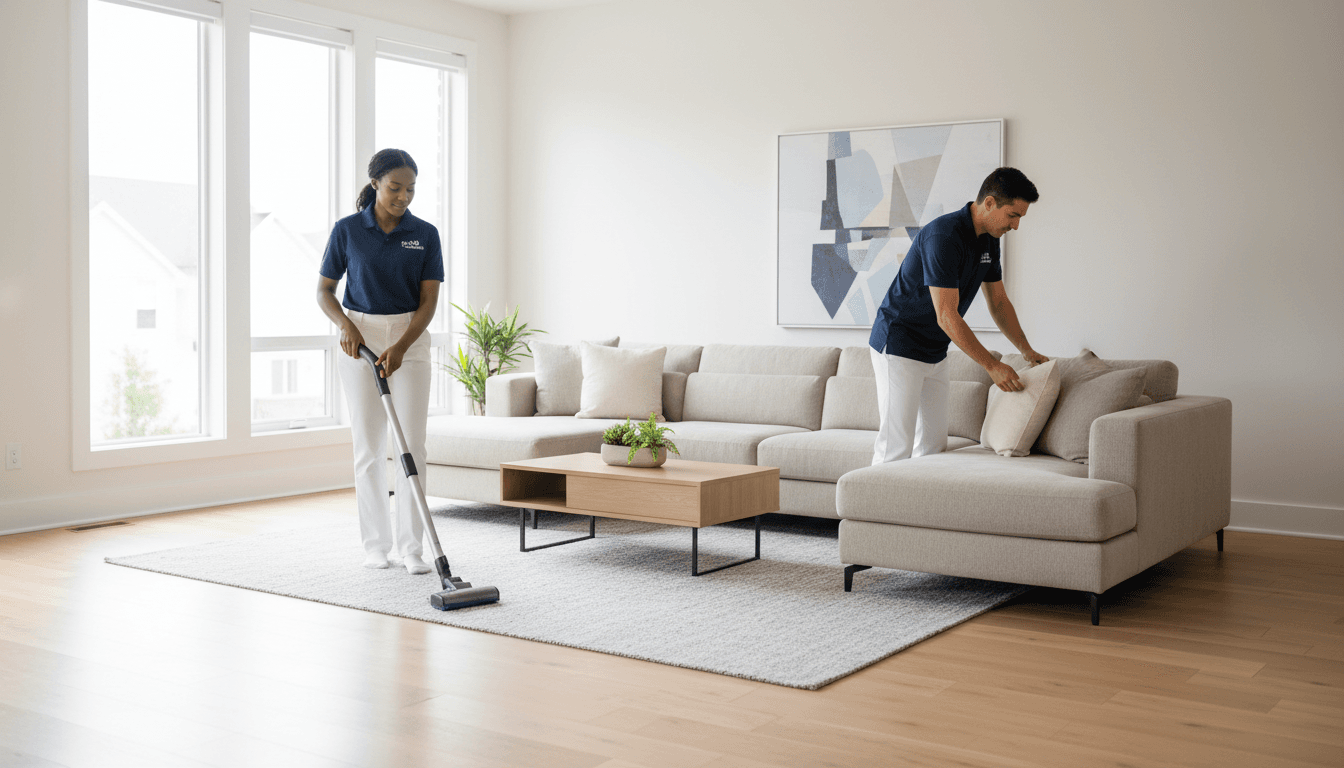 Professional cleaner reviewing a cleaning checklist with a homeowner in a bright living room