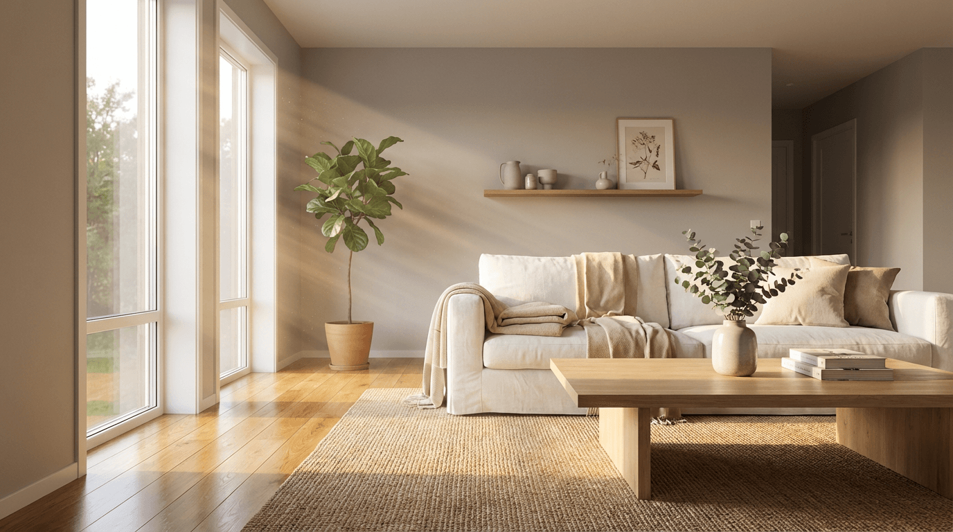 Living room decluttered with organized shelves and open floor