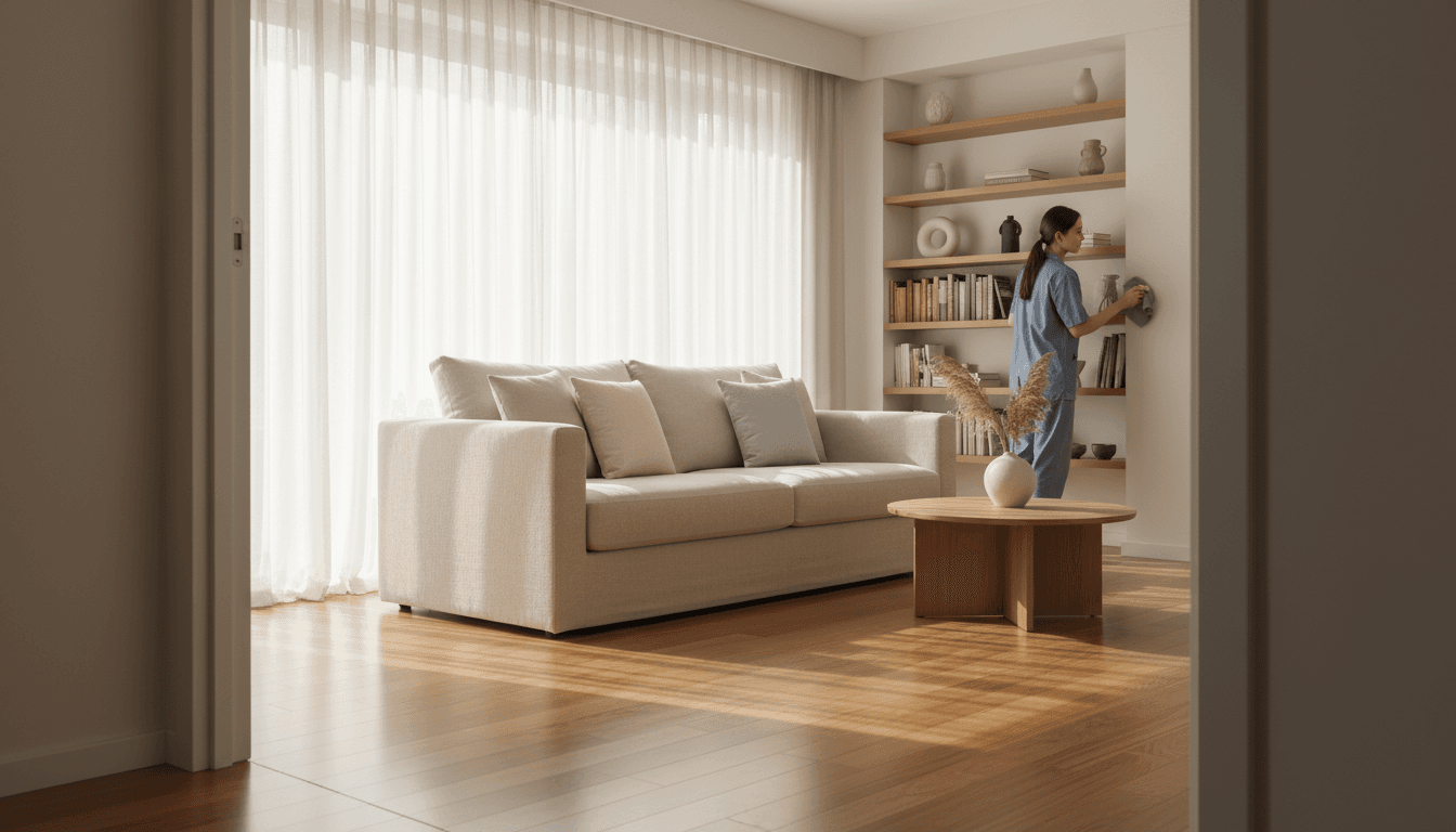 Bright living room with sunlight after professional cleaning