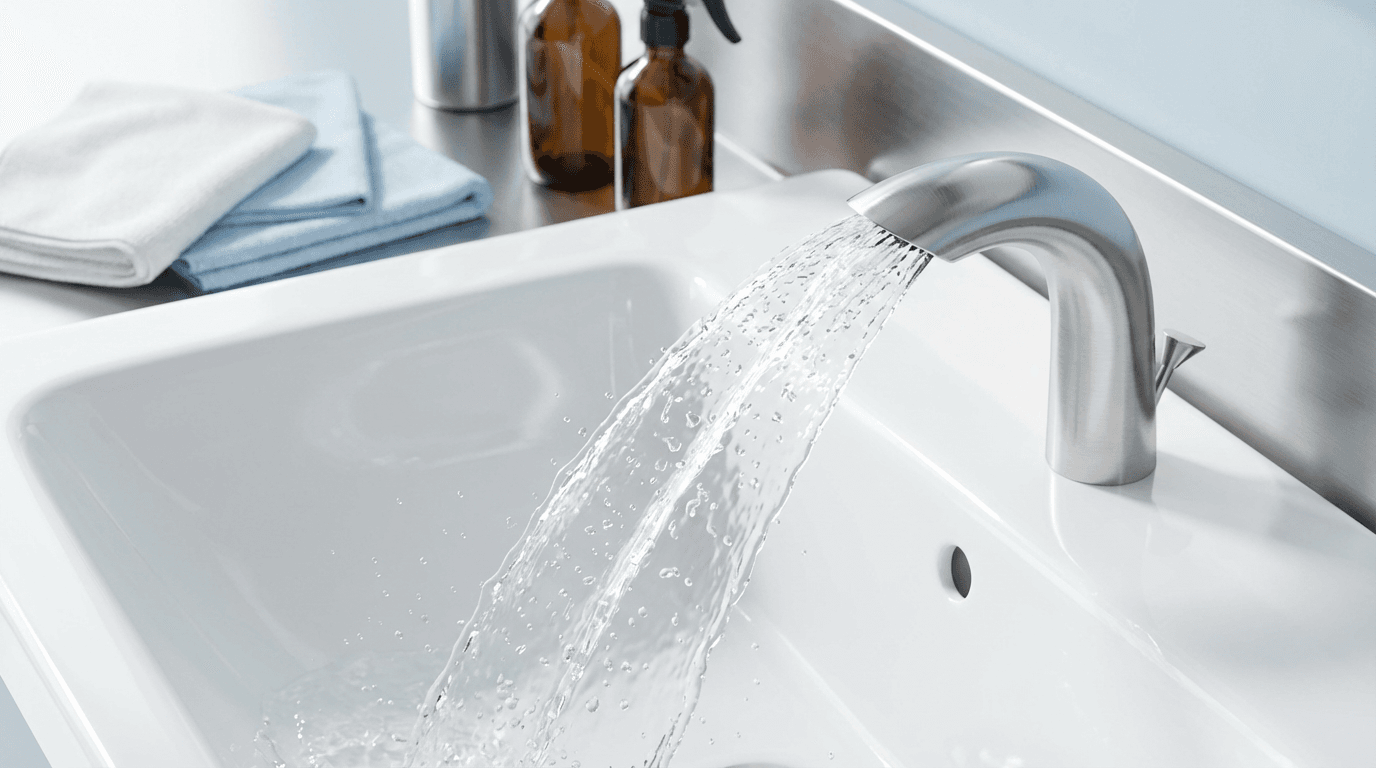 Bathroom sink scrubbed clean showing white surface